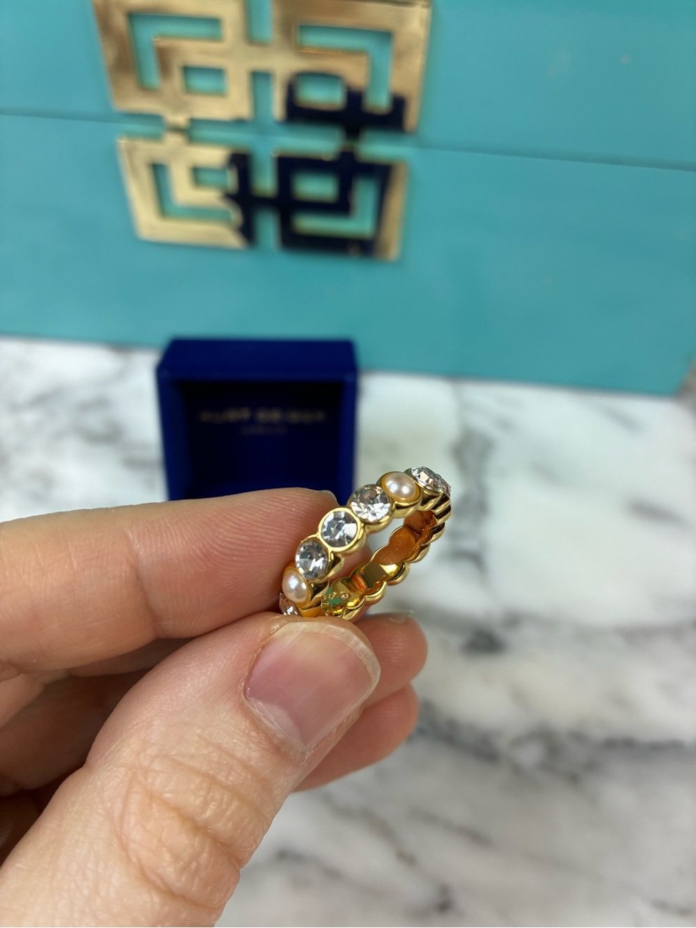 Brand New Kurt Geiger London Gold Plated Pave Crystal & Faux Pearl Size 7 Ring - Picture 3 of 8